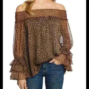 Ce Ce Womens Leopard Blouse Off The Shoulder Ruffle Long Sleeve Hi Low XS